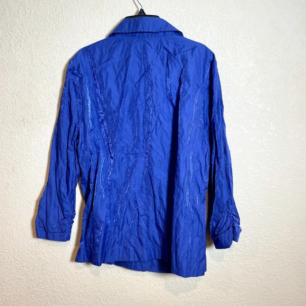 Chico's Blazer Jacket Womens Large Blue Metallic Long Sleeve‎ 3 Buttons Formal